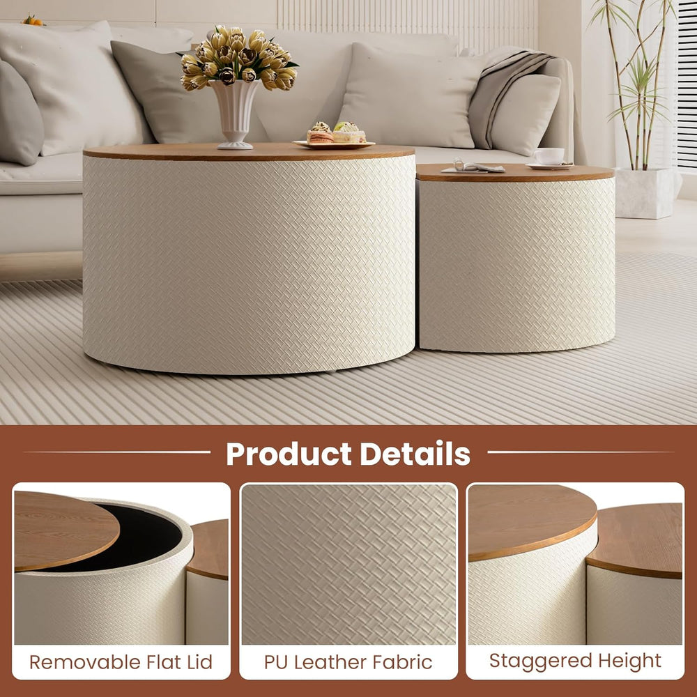 Round Nesting Coffee Table Set of 2 with Storage for Living Room (White) | Mo...