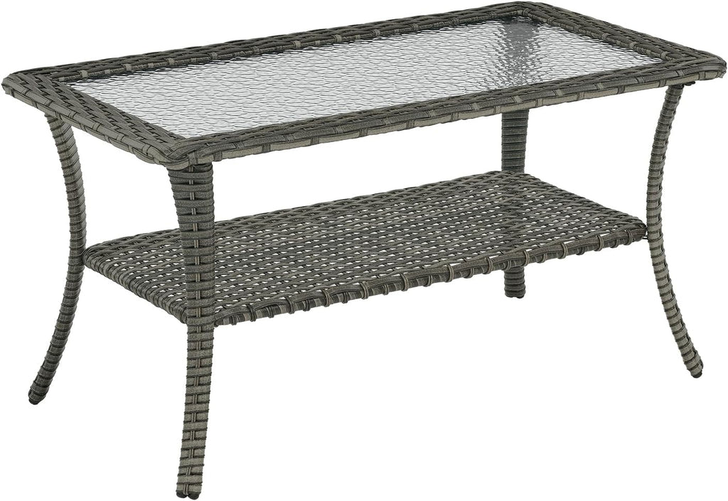 Rilyson Patio Tables Outdoor Coffee Table - Wicker Rattan Coffee Tables with 2-Tier Storage Shelf Glass Top for Outside Proch Deck Balcony Garden Rectangle Mixed Grey