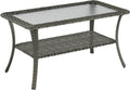 Rilyson Patio Tables Outdoor Coffee Table - Wicker Rattan Coffee Tables with 2-Tier Storage Shelf Glass Top for Outside Proch Deck Balcony Garden Rectangle Mixed Grey