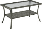 Rilyson Patio Tables Outdoor Coffee Table - Wicker Rattan Coffee Tables with 2-Tier Storage Shelf Glass Top for Outside Proch Deck Balcony Garden Rectangle Mixed Grey