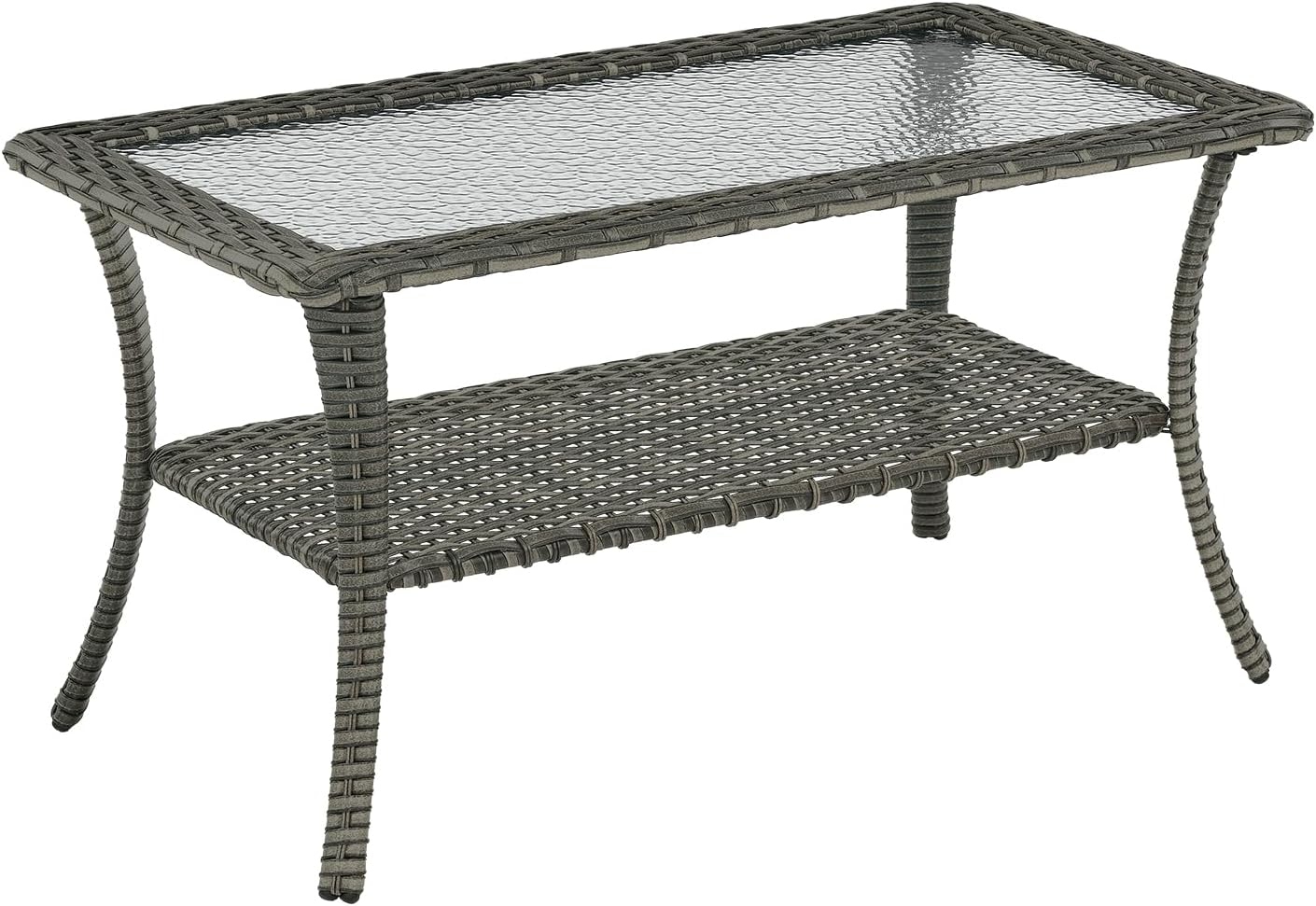 Rilyson Patio Tables Outdoor Coffee Table - Wicker Rattan Coffee Tables with 2-Tier Storage Shelf Glass Top for Outside Proch Deck Balcony Garden Rectangle Mixed Grey
