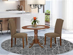 East West Furniture DLEN3-MAH-18 3 Piece Dining Room Furniture Set Contains a Round Dining Table with Dropleaf and 2 Dark Coffee Linen Fabric Parsons Chairs, 42x42 Inch, Mahogany