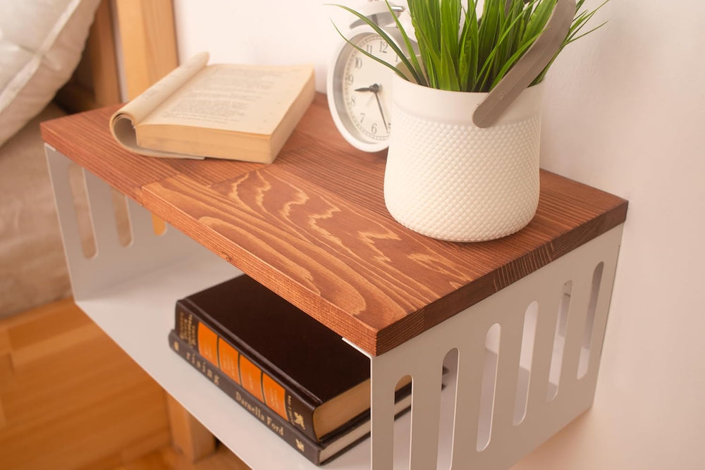 Floating Nightstand with White Metal Base, Wooden Top and Sturdy Metal Base, ...