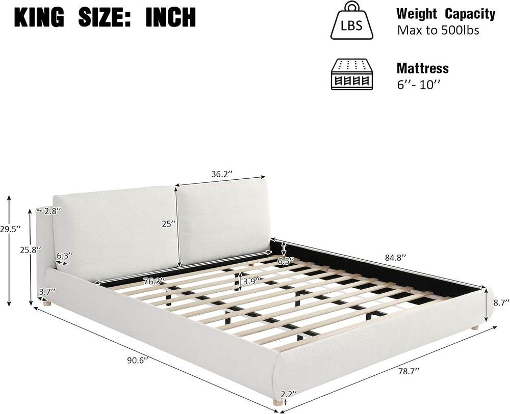 Merax King Boucle Platform Bed with 2 Removable Headboard Pillows, White
