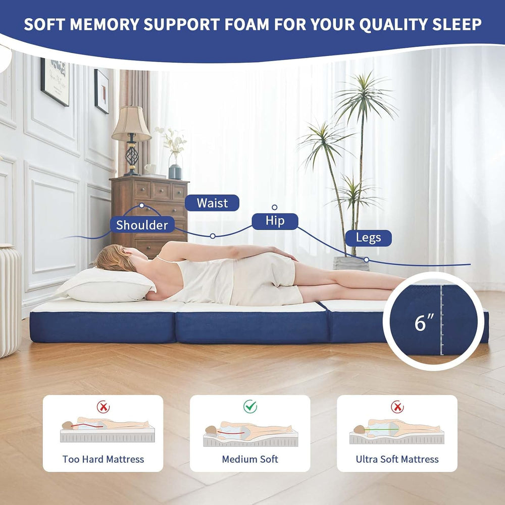 CYMULA Folding Mattress Full Size, Memory Foam 6 inch Tri Portable Trifold Ma...
