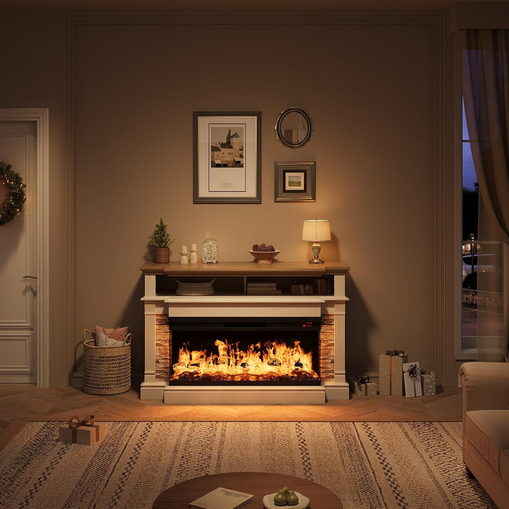QUW Fireplace TV Stand for TVs up to 65", Farmhouse 52" Fireplace E...