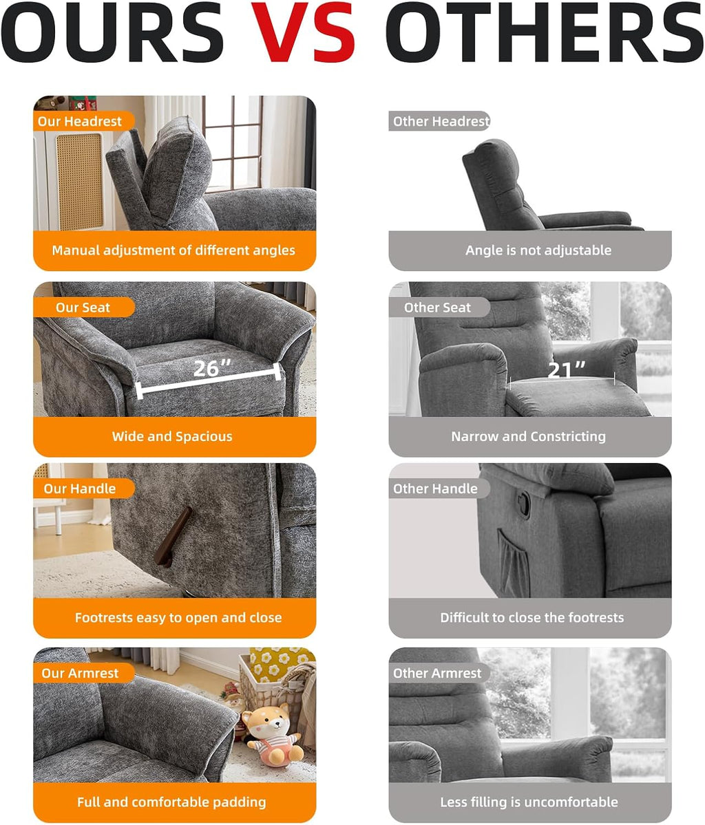 Oversized Glider Rocker Recliner, 24" Extra Wide 360° Swivel Nursery Recliner with Adjustable Headrest, Chenille Rocking Nursery Chair with Overstuffed Armrest, Lumbar Support, Dark Grey