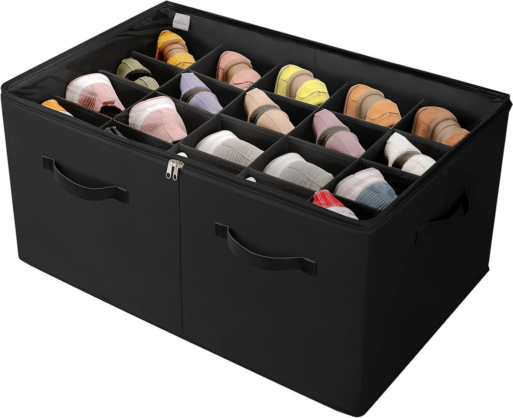 Shoe Organizer for Closet, Foldable Shoe Box with Adjustable Dividers and Clear Cover, Space Saving Shoe Storage Organizer Cabinet with Reinforced Handles, Fits 20 Pairs, Black, TP10B