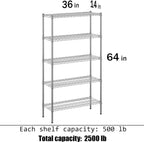 14" Deep x 36" Wide x 64" Height Wire Shelving Kit | 5-Tier | NSF Commercial Storage Rack Unit