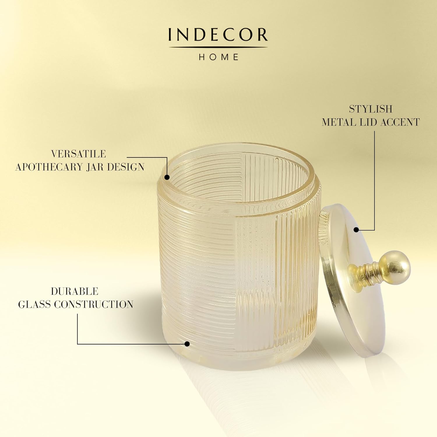 Tan Colored Tranlucent Apothecary Ribbed Geometric Etched Glass Jar W/Gold Metal Lid Cover for Bathroom Organization, Cotton Balls, Q Tips, and Small Accessories, Bathroom Storage