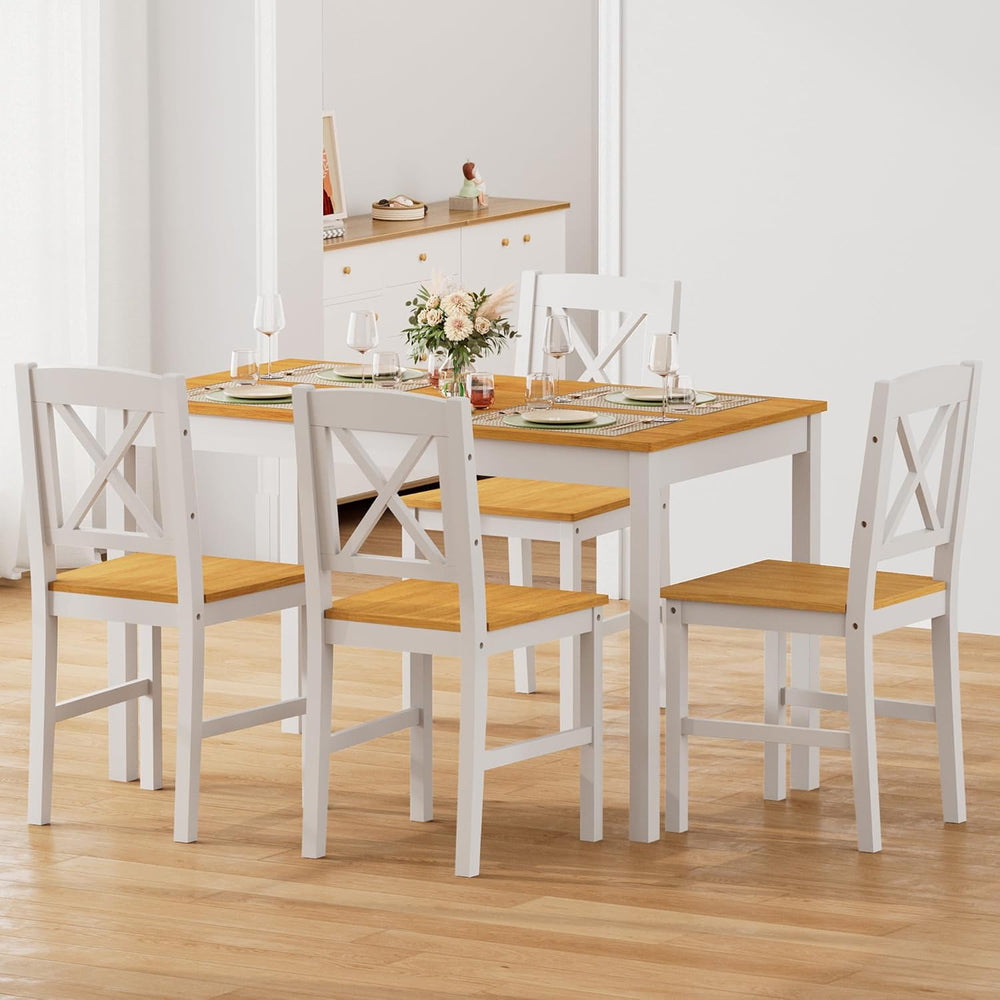 DlandHome 5 Piece Dining Table Set, Wood Kitchen Table with 4 Chairs for Dini...