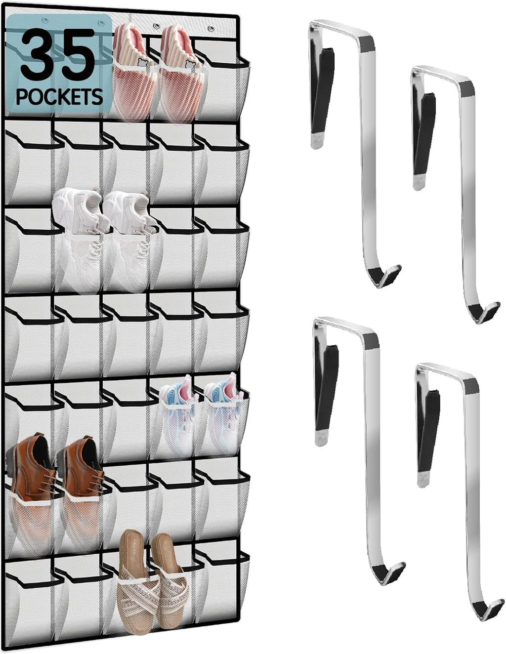 35 Compartment Over The Door Storage - Breathable Mesh Hanging Organizer with Large Pockets, Space Saving Design for Men & Women's Footwear, Closet, Bedroom （White）