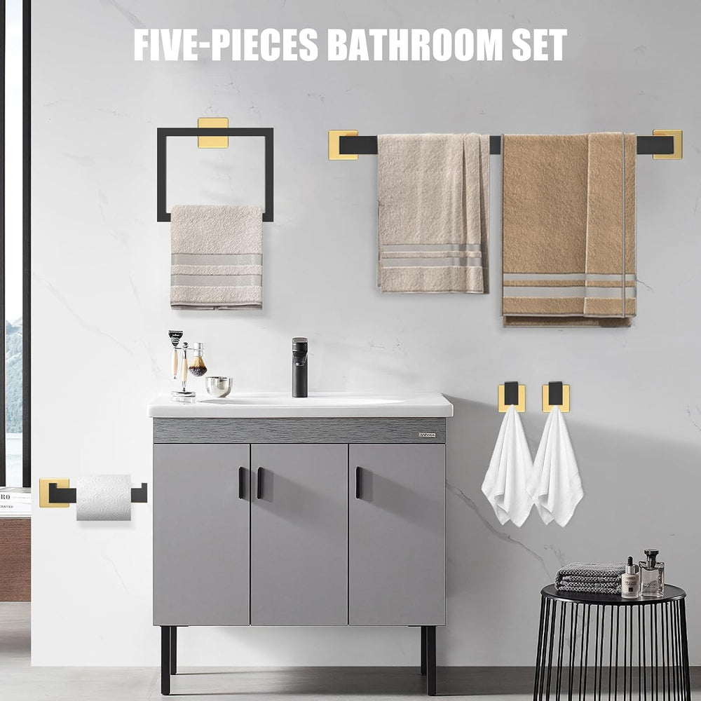 5 Piece Black and Gold Towel Bar Set - Gold and Black Bathroom Accessories wi...