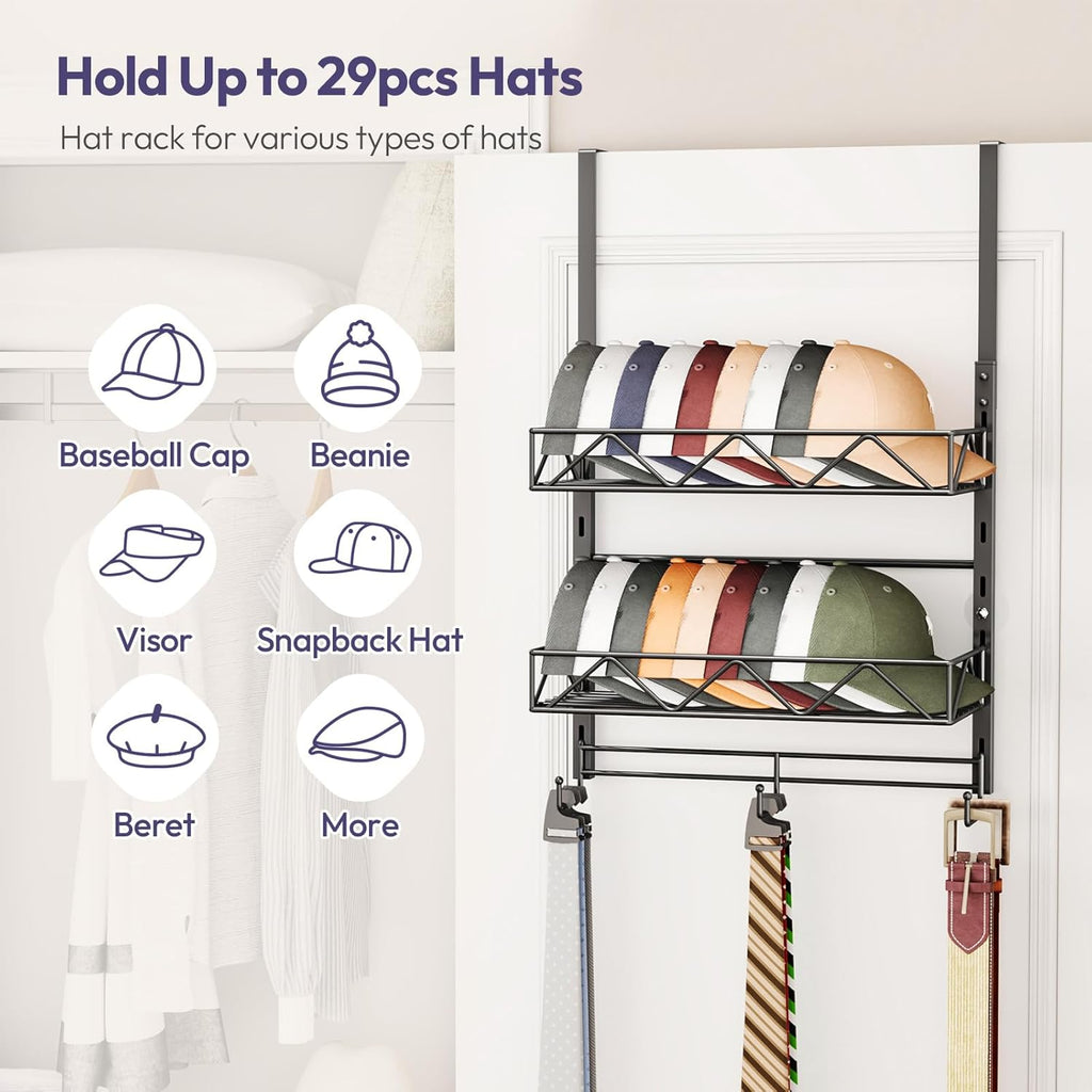 SWTYMIKI Over Door Hat Organizer - 3 Tier Wall Mounted Hat Rack with 2 Adjustable Metal Basket and 3 Hooks, Hanging Baseball Cap Organizer Storage Holds up to 29 Caps for Door, Bedroom, Closet