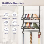 SWTYMIKI Over Door Hat Organizer - 3 Tier Wall Mounted Hat Rack with 2 Adjustable Metal Basket and 3 Hooks, Hanging Baseball Cap Organizer Storage Holds up to 29 Caps for Door, Bedroom, Closet