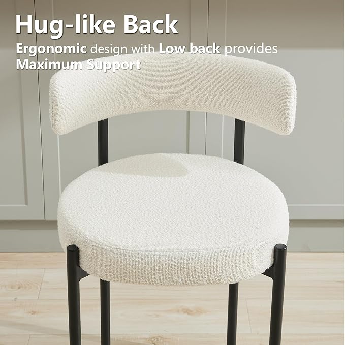 Boucle Dining Chairs Set of 4, Mid Century Modern Dining Room Chairs with Barrel Backrest, Upholstered White Kitchen Chairs for Dining Room, Restaurant