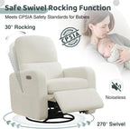 Power Swivel Rocker Recliner, Oversized Boucle Nursery Glider Recliner, Swivel Rocking Reclining Chair with Removable Cushion and Lumbar Support for Nursery Living Room Bedroom, Teddy White
