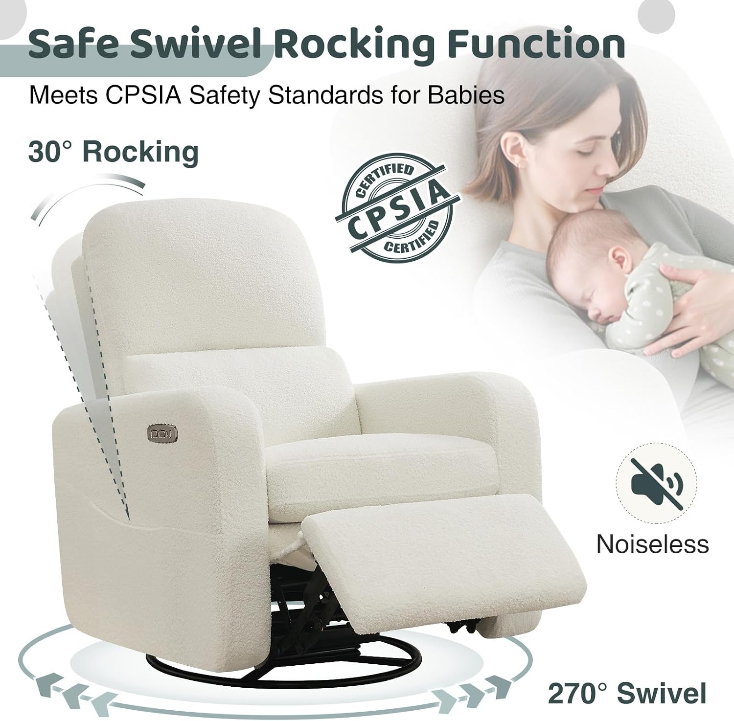 Power Swivel Rocker Recliner, Oversized Boucle Nursery Glider Recliner, Swivel Rocking Reclining Chair with Removable Cushion and Lumbar Support for Nursery Living Room Bedroom, Teddy White