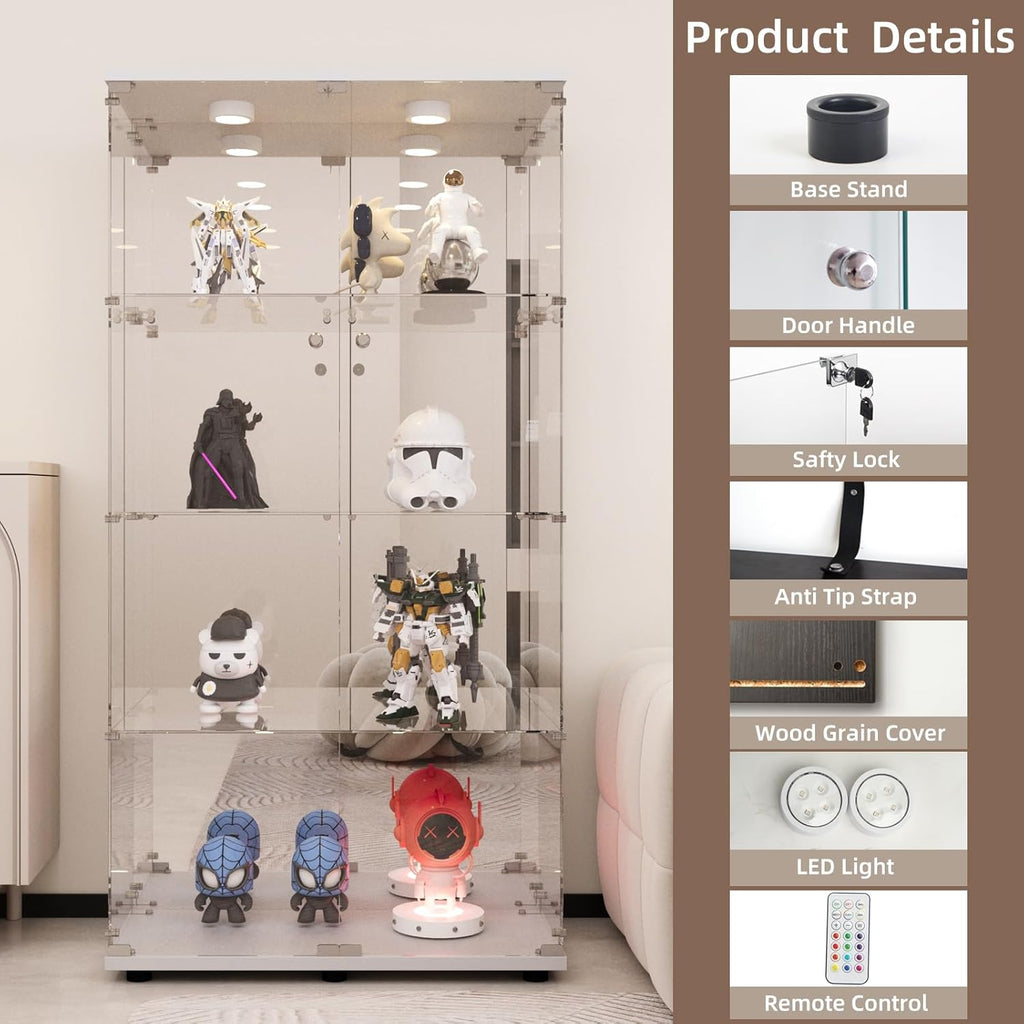 Beauty4U Glass Display Cabinet with LED Light and Mirror, 4 Shelves with 2 Doors, Curio Cabinets for Living Room, Bedroom, Office, White Floor Standing Glass Bookshelf, Quick Installation