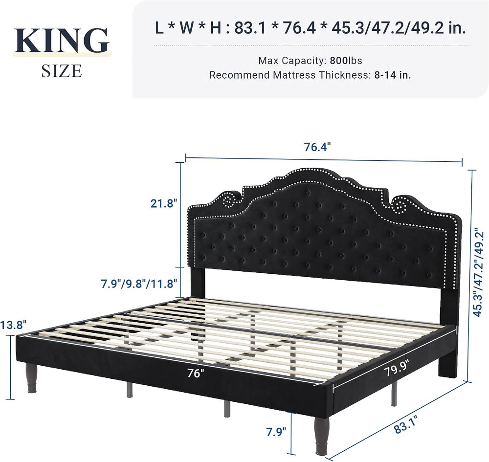 Allewie King Bed Frame with Adjustable Velvet Tiara Headboard, Upholstered Di...