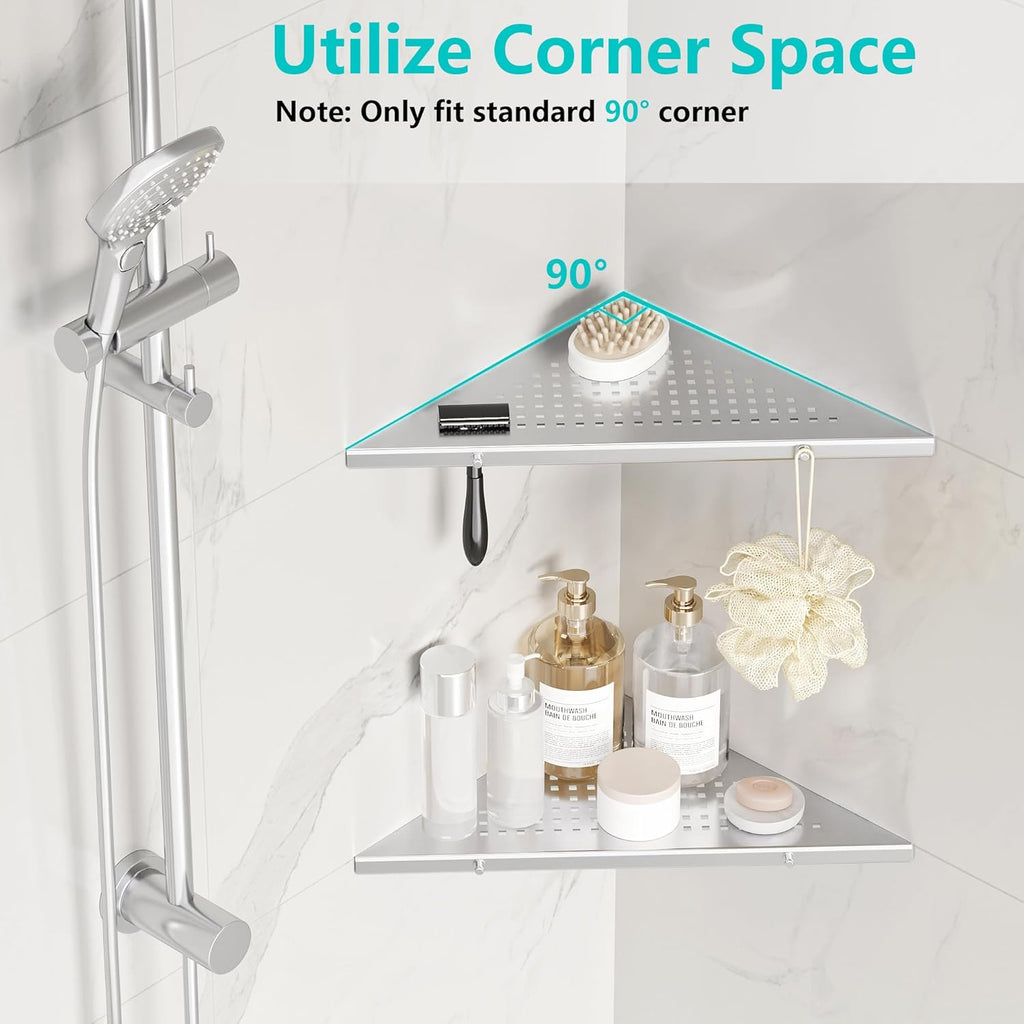 10" Bathroom Corner Shelf, 2 Pack Recessed Shower Shelf Caddy, SUS304 Stainless Steel Shelf Wall Mount Triangular, No Drilling Brushed Nickel