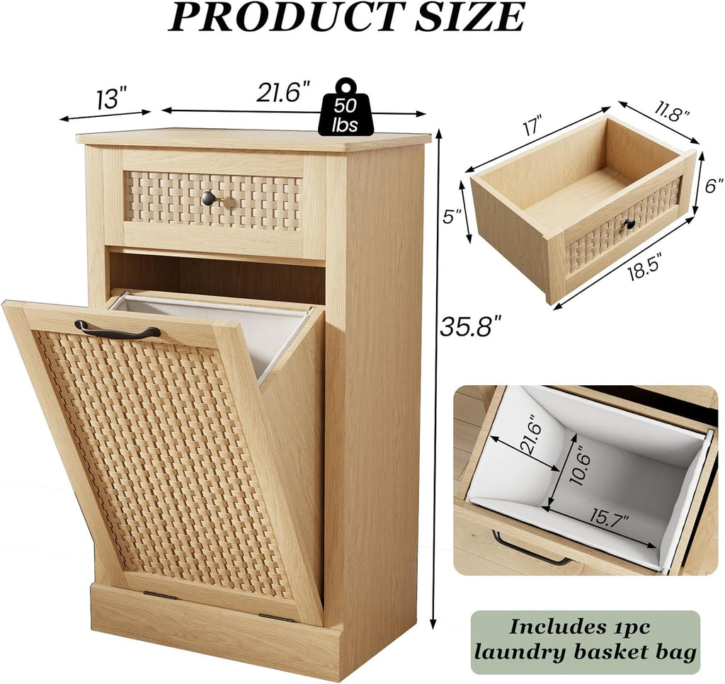 Tilt Out Laundry Hamper Cabinet,10 Gallon Laundry Cabinet with Drawers ＆ Hidden Baskets, Farmhouse Storage Basket for Laundry Room, Bathroom, Kitchen, Wood