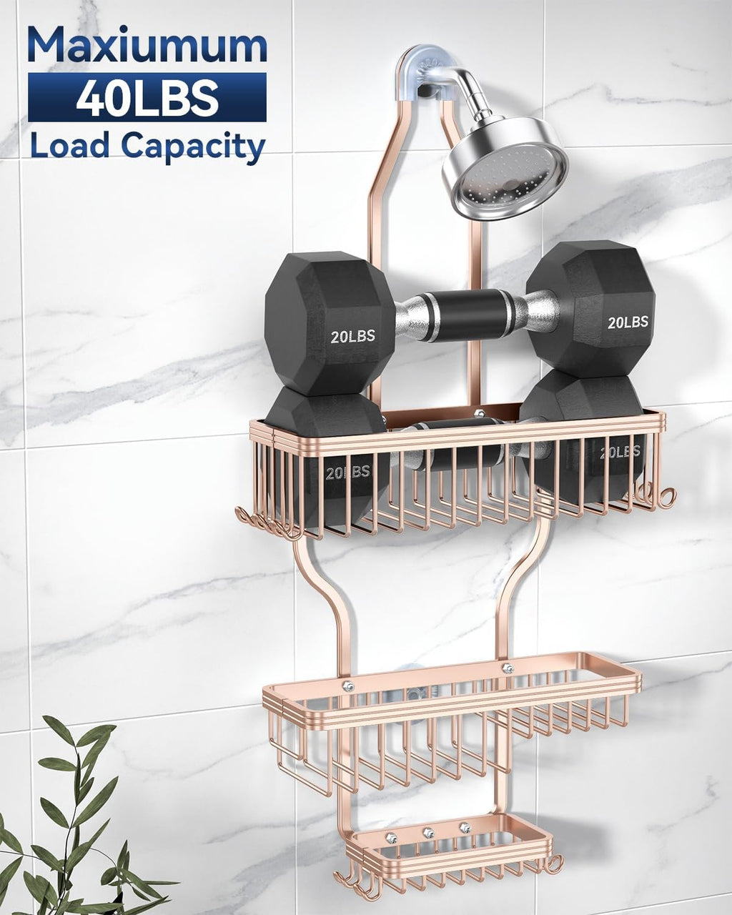YASONIC Shower Caddy Hanging - Never Rust Shower Organizer - Aluminum over The shower head caddy with 10 Hooks for Razor/Sponge - Shower Rack with Soap Basket - Rose Gold