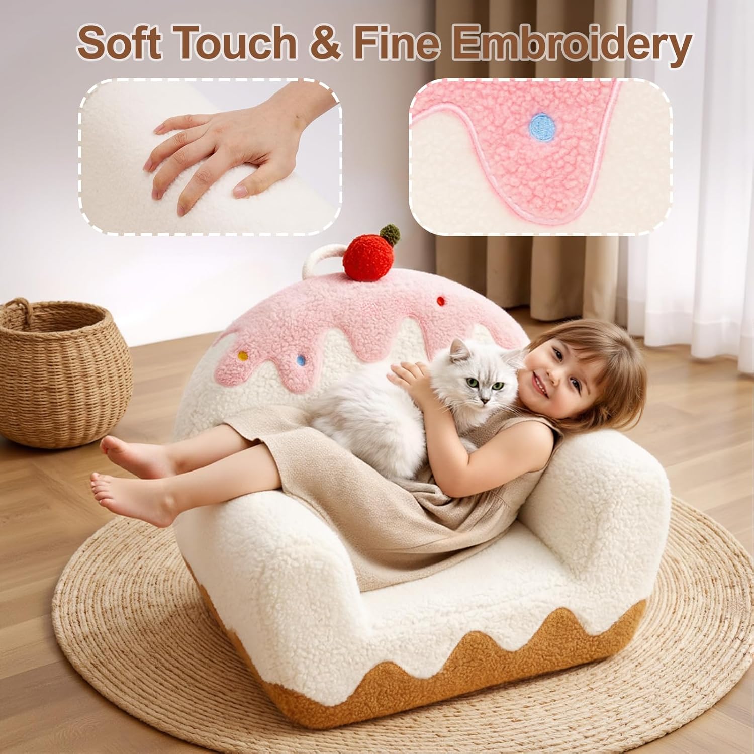 Kids Chair Comfy for Girls 1-6 Years Old, Soft Sherpa Toddler Sofa | Carry Handle, Book Pocket