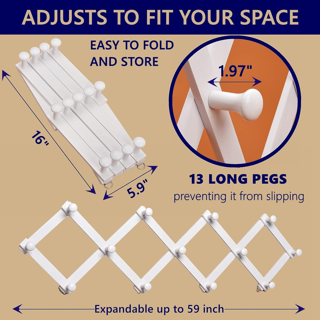 Amber Home Wood Accordion Wall Rack 13 Hooks (Pegs), Expandable Wall Mounted Hanger for Coat, Hat, Scarf, Coffee Mugs, X Shape Coat Hooks (White Color)