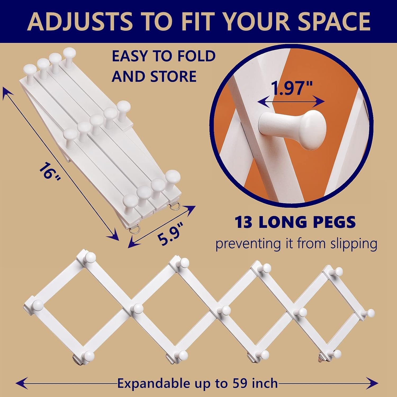 Amber Home Wood Accordion Wall Rack 13 Hooks (Pegs), Expandable Wall Mounted Hanger for Coat, Hat, Scarf, Coffee Mugs, X Shape Coat Hooks (White Color)