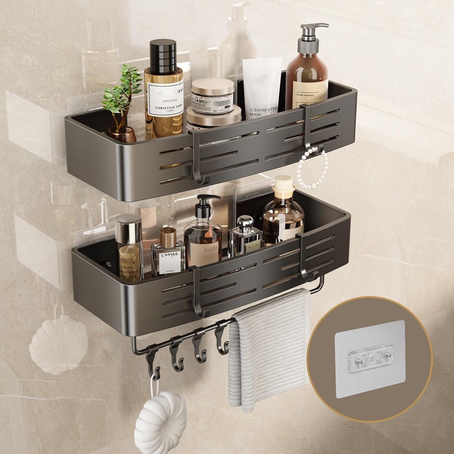 VOLPONE Shower Caddy No Drilling Shower Shelves for Inside Shower Heavy Duty Bathroom Organizer Storage Rack Adhesive with Towel Bar Hooks (2-Pack, Matte Gray)