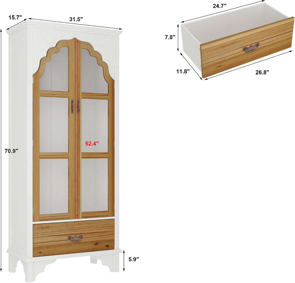 70.9" H Tall Kitchen Pantry with Glass Doors, Shelves & Drawer, Curi...