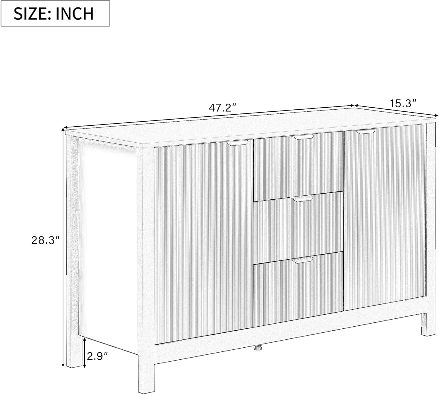 Sideboard with Wave Design - 3 Adjustable Shelves, 3 Drawers & Soft-Close Doors, Storage Console Table with Metal Handles, Suitable for Study, Hallway and Living Room, 3 Colors (Cyan + MDF)