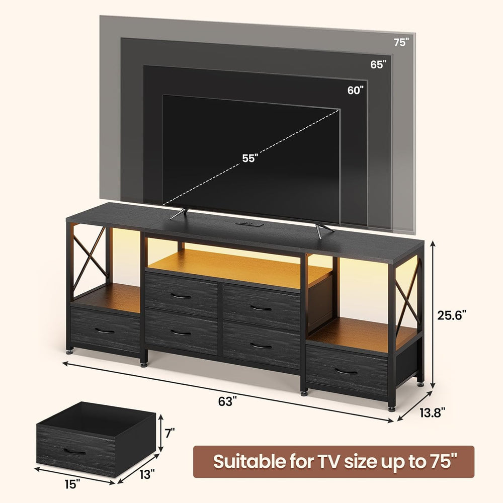 HAUOMS TV Stand for 75 Inch TV,Charcoal Black Wood Grain Print | Entertainmen...