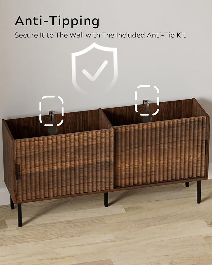 TV Stand for Living Room Farmhouse Entertainment Center with Fluted Sliding Doors TV Console Cabinet with Adjustable Shelf and Storage Media Console, Brown