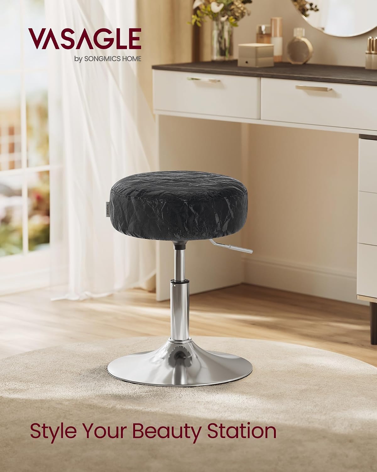 VASAGLE Adjustable Bar Stool, 360° Swivel, PU Leather, Thick Cushion, for Kitchen, Dining Room Bedroom, Modern, Ink Black