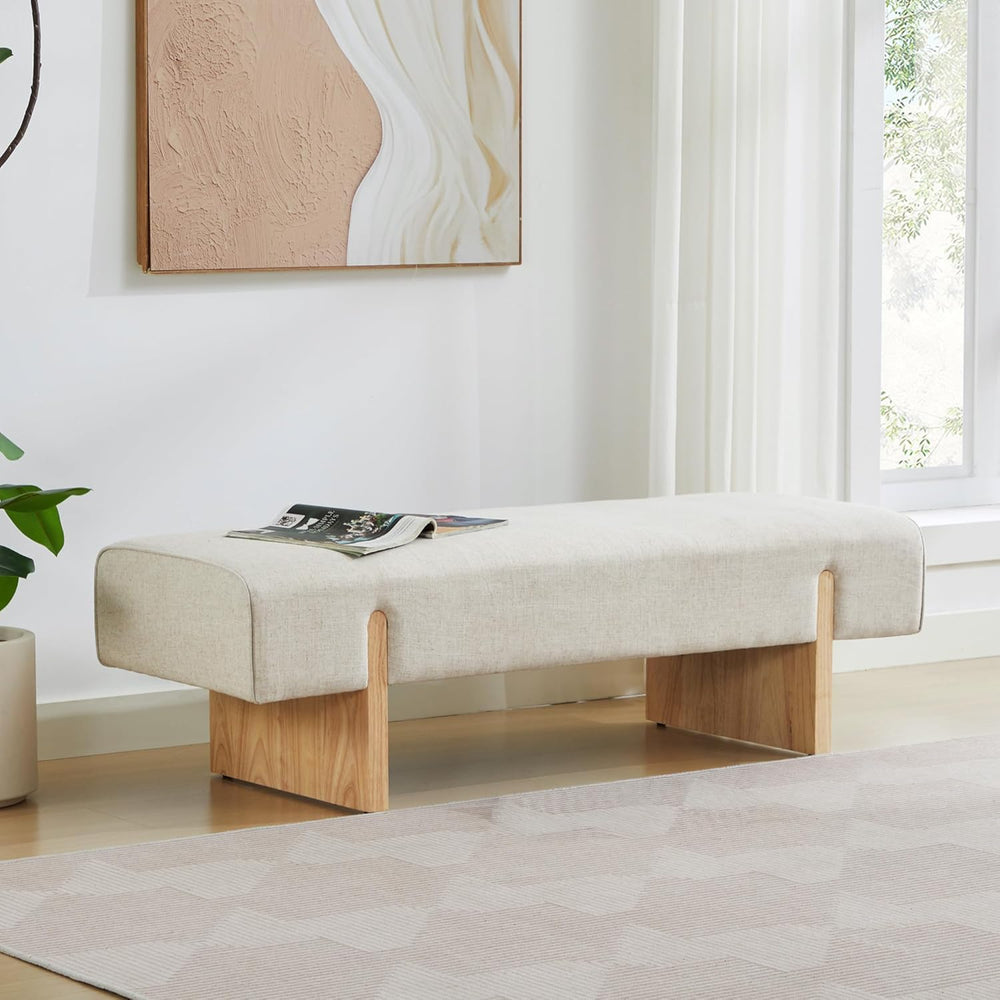 Zesthouse Solid Wood Bench for Bedroom, 55'' Upholstered Linen Fabric...