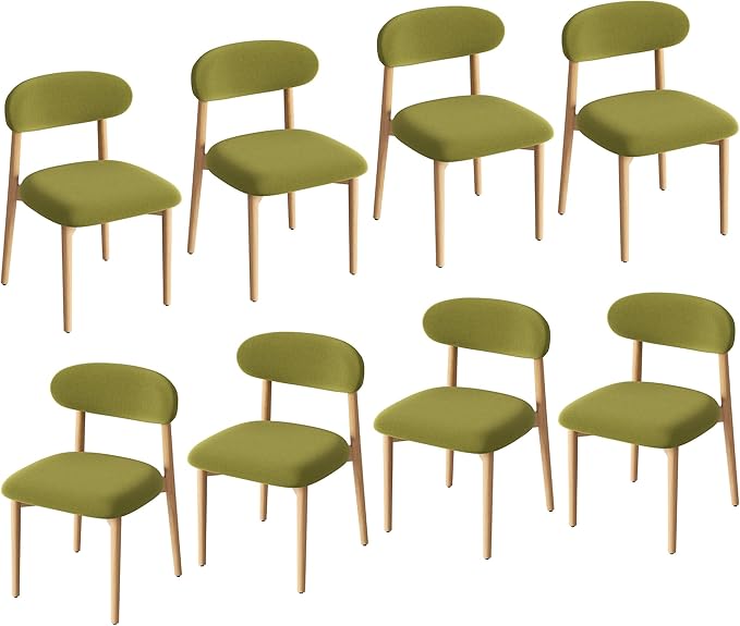 Wooden Dining Chair Set of 8, Modern Dining Chairs with with Curved Back, Fabric Upholstered Kitchen Dining Room Chairs with Adjustable Legs for Farmhouse Dining Living Room,Green