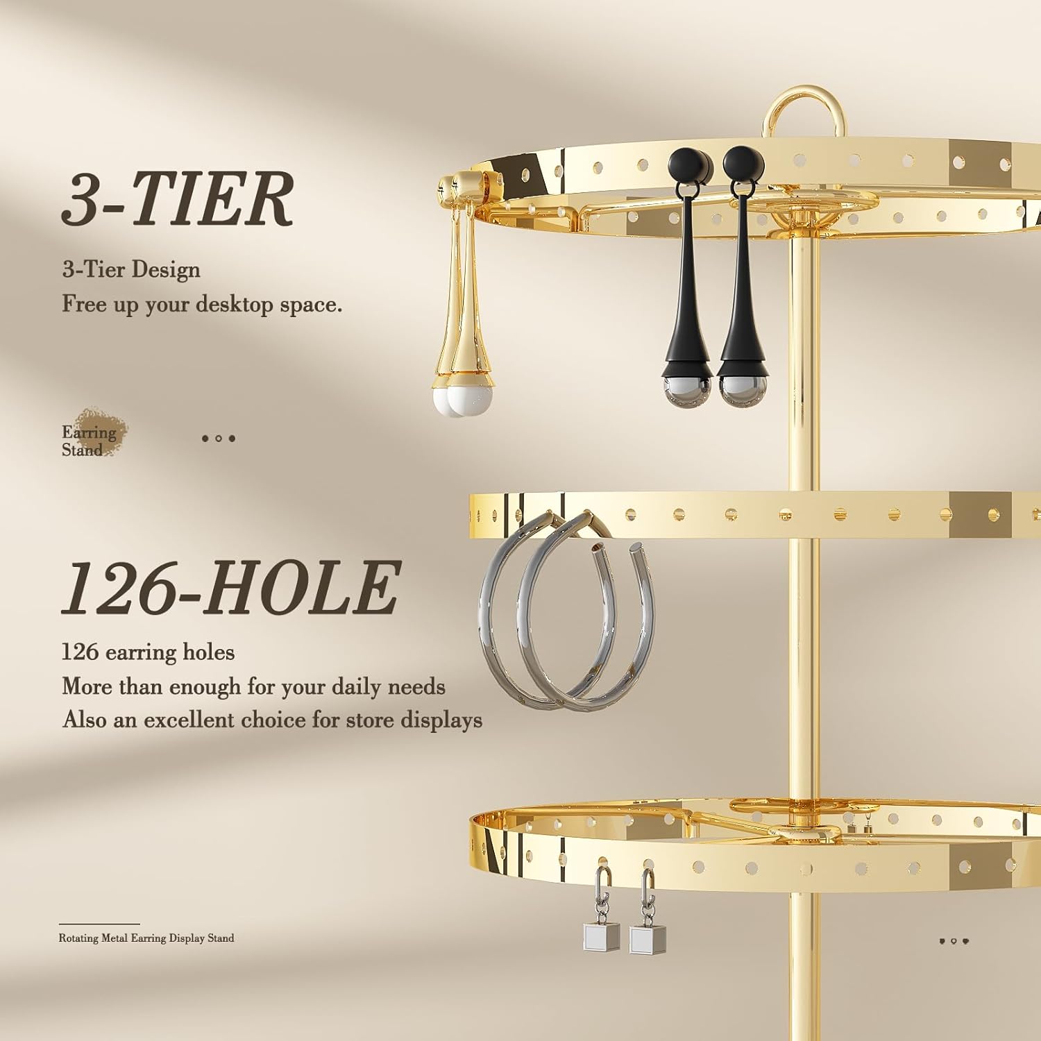 3 Tiers Earring Holder Organizer, Metal Rotating Earring Stand Adjustable Display Tree, 126 Holes Carousel Rack for Stud Hoop Pierced Dangling Women, Perfect View for All Earrings (Gold)