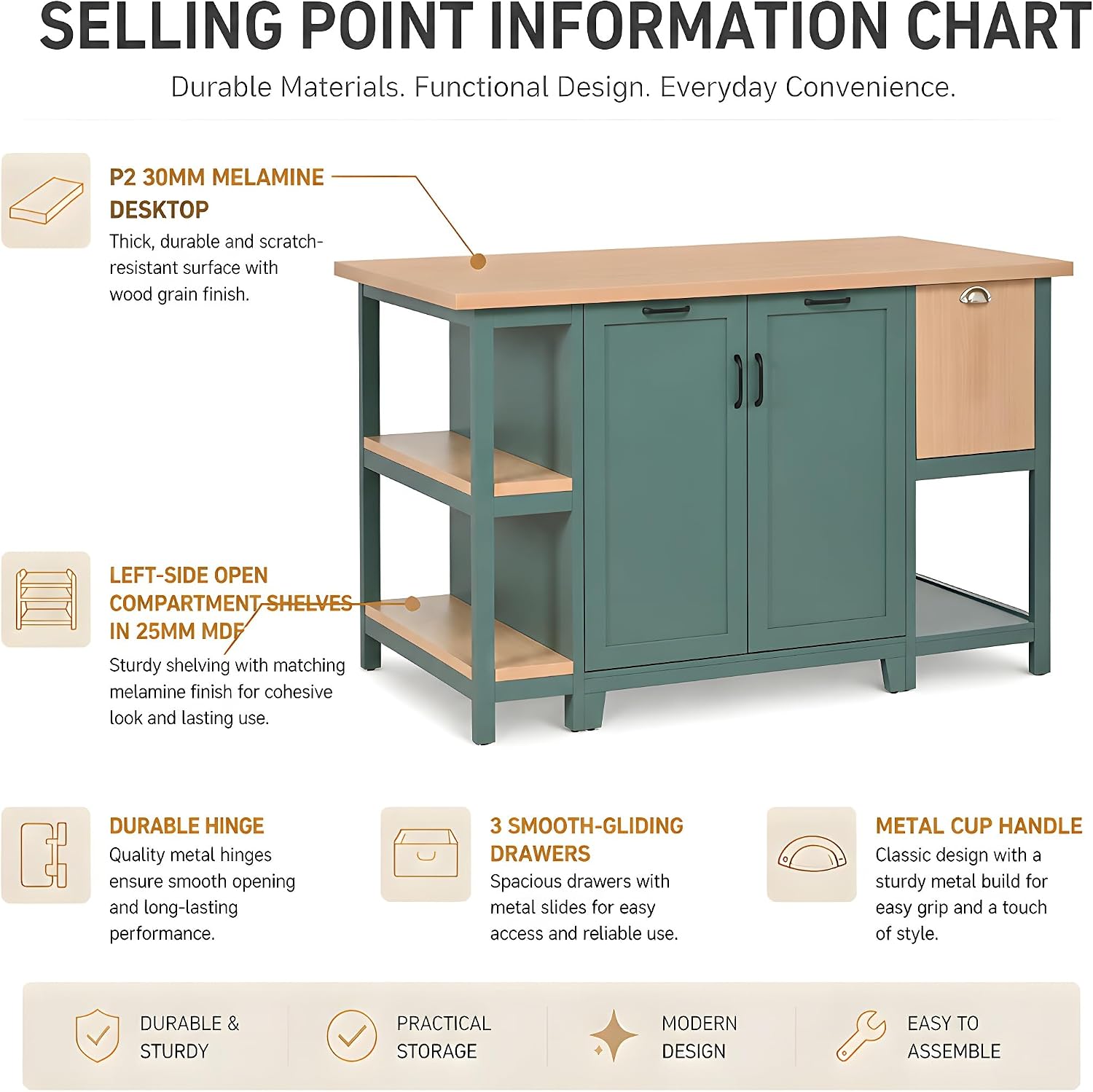 Christopher Knight Home Aaron 58" Kitchen Island with Storage, Modern Island Table for Kitchen, Storage Cabinet with Open Shelves, Wooden Kitchen Prep Table, Coffee Station Cabinet, Green+Natural