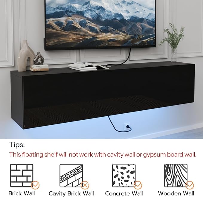 HOMMPA Floating TV Stand with LED Lights for TVs up to 65 Inch, Wall Mounted Entertainment Center with Storage, Modern High Glossy Media Console for Living Room, Bedroom, Black