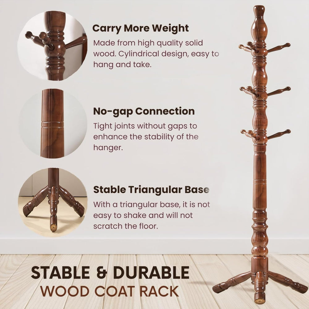 Coat Rack, Natural Wood Coat Racks with 3 Height Options and 9 Hooks,Coat Tre...
