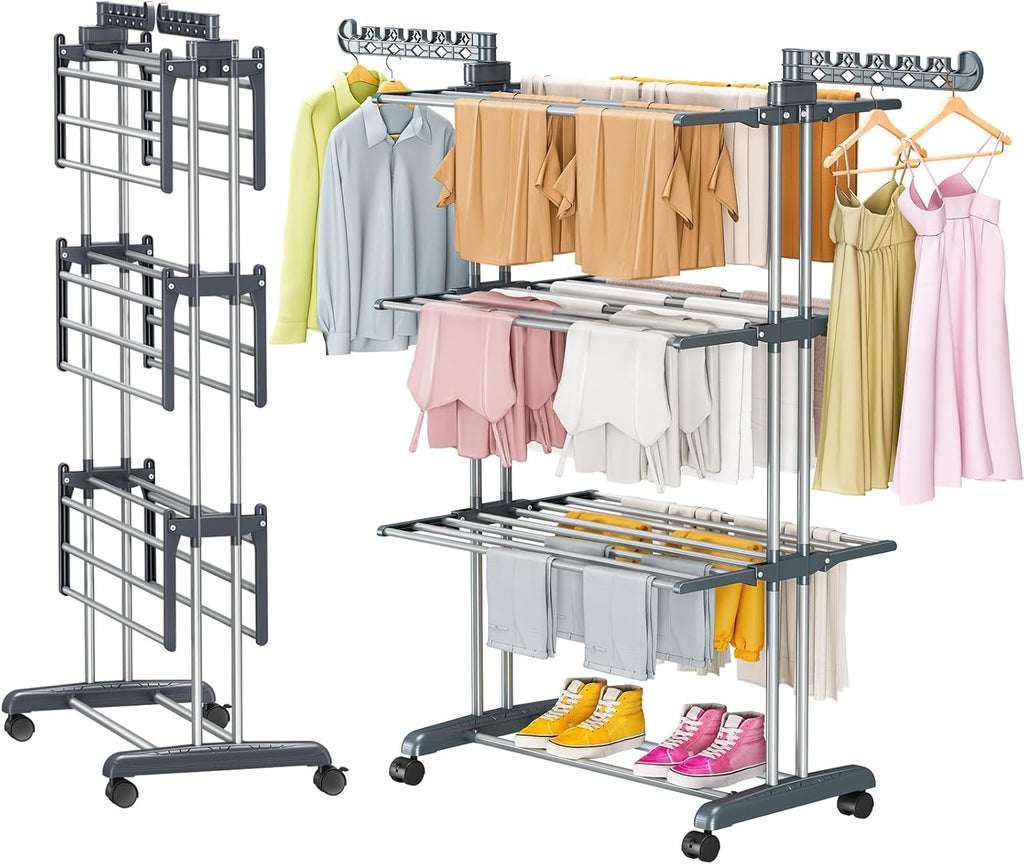 PurKeep 𝟔𝟓% 𝐎𝐅𝐅 Clothes Drying Rack with Wheels, 4 Tier Folding Drying Rack, Heavy Duty Laundry Drying Rack with Expandable Side Wings, Indoor Outdoor Clothes Air Drying Rack for Large Family