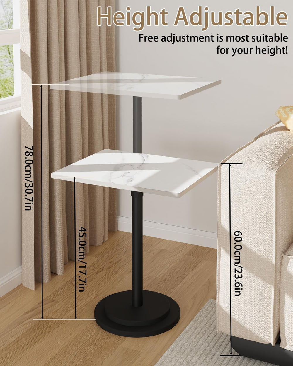Small Side Table, Height Adjustable Nightstand, Square Indoor Metal Plant Sta...