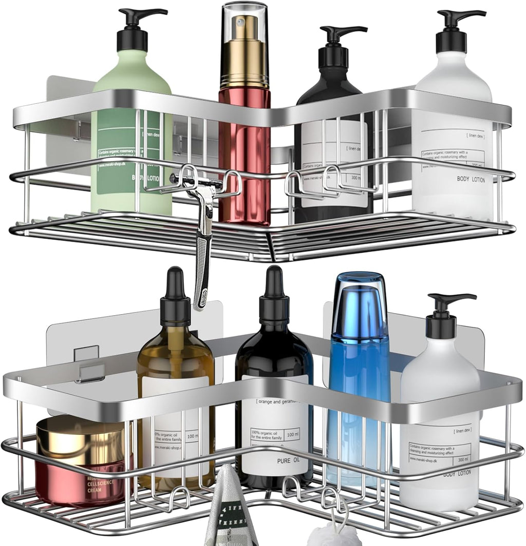 Yazoni Corner Shower Caddy, Adhesive Shower Shelves No Drilling [2-Pack], Rustproof Stainless Steel Bathroom Shower Organizer with 8 Hooks