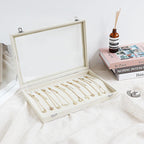 Wudygirl Necklace Organizer with Clear Glass Lid Stackable Jewelry Organizer Tray with 20 Hooks for Necklace Bracelet(Beige Necklace Box)