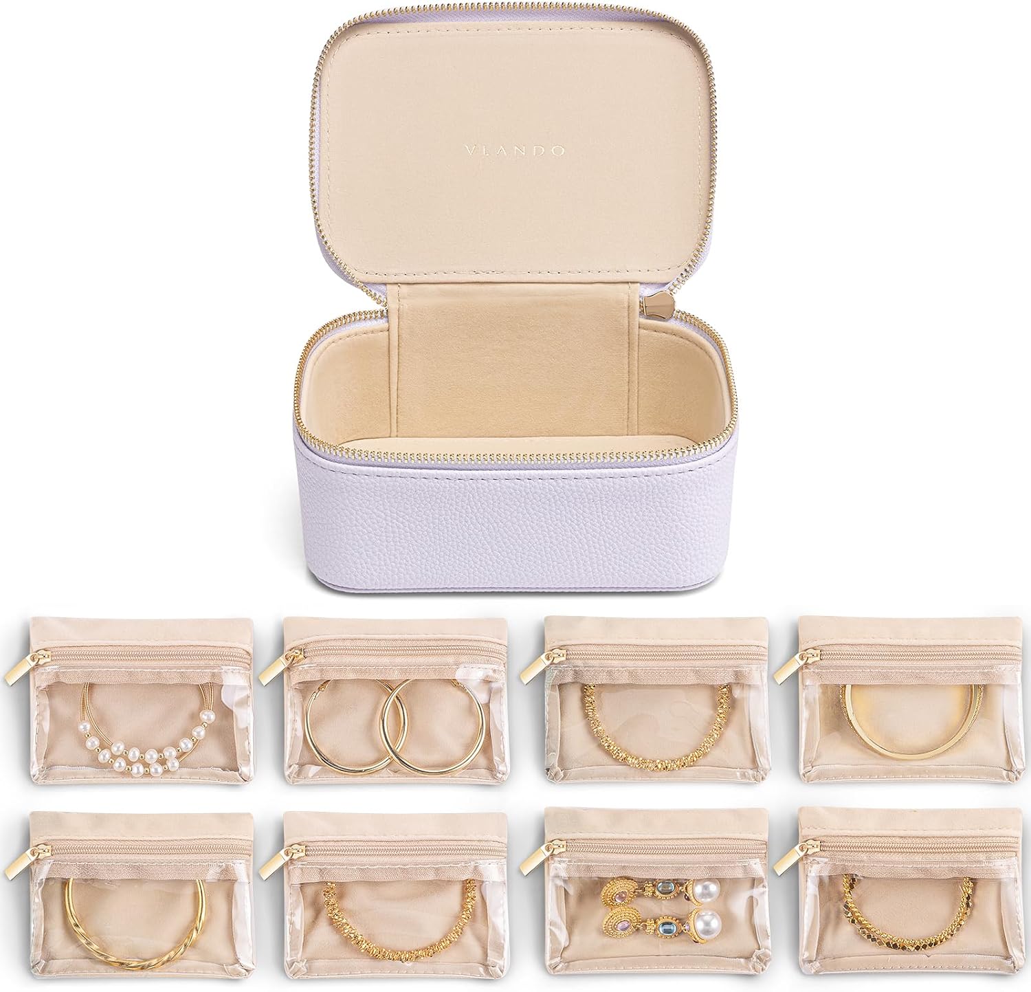 Vlando Travel Jewelry Case with 8 Velvet Jewelry Bags Travel Jewelry Storage Box Jewelry Organizer for Necklace Rings Earrings Teen Girls Gifts Trendy Stuff -Purple