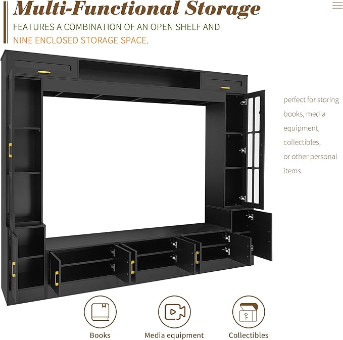 Merax 98.4" W Wall Unit Entertainment Center with Bookshelves for TVs up to 80", Modern TV Stand Media Console with Cabinets, Tempered Glass Doors and Adjustable Shelves for Living Room, Black
