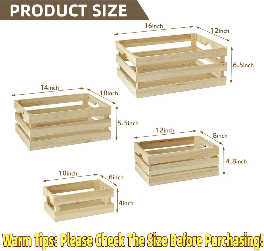 Large Wooden Crates Unfinished Set of 4 Storage Crates, Decorative Wood Storage Crate for Display Rustic, Nesting Wooden Container Boxes Made from 100% Wood