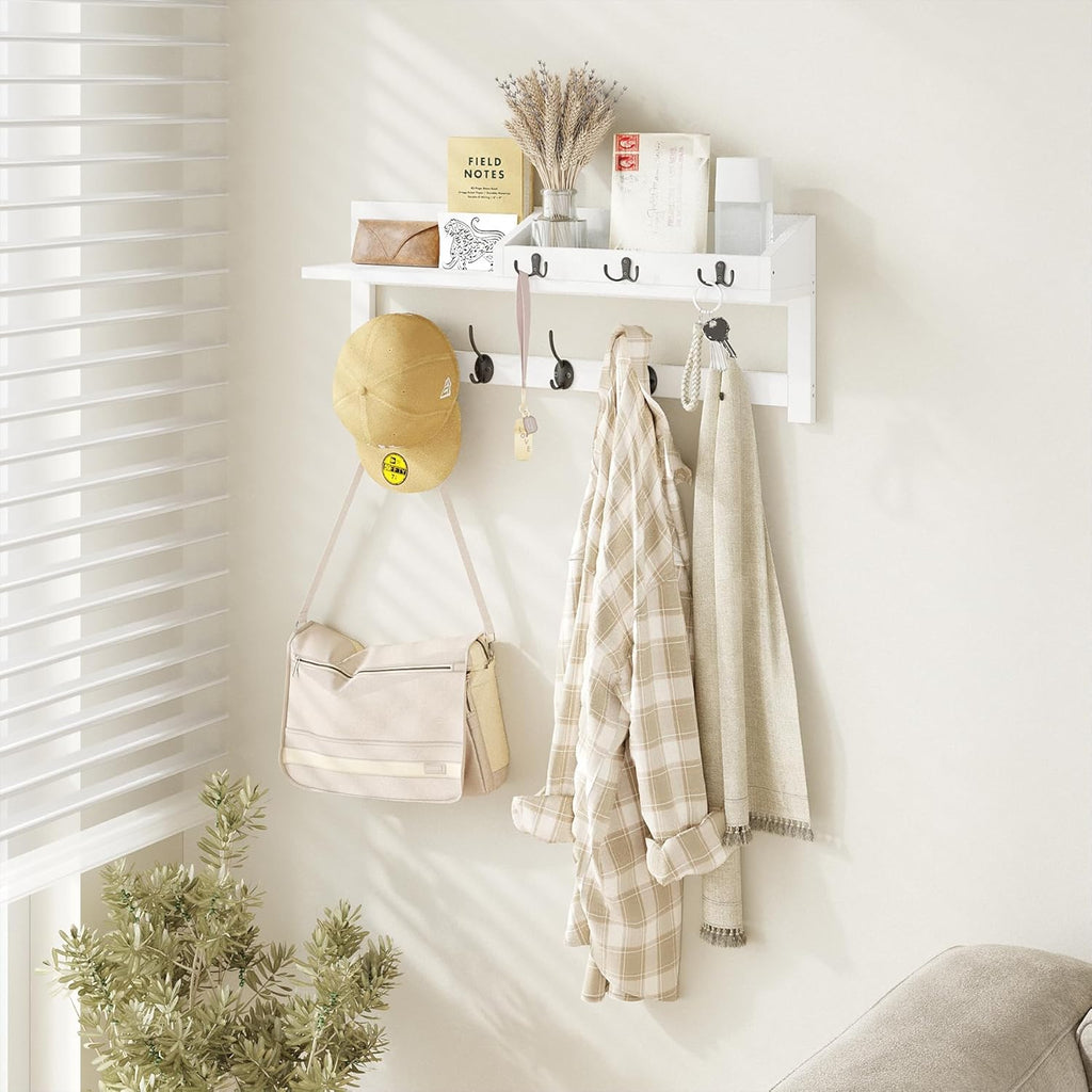 AMBIRD 26.57-Inch Wall Hanging Shelf With Coat Hooks - Entryway Wood Rack With 5 Dual Hooks, 3 Key Hooks, Mail Organizer and Key Holder (White)